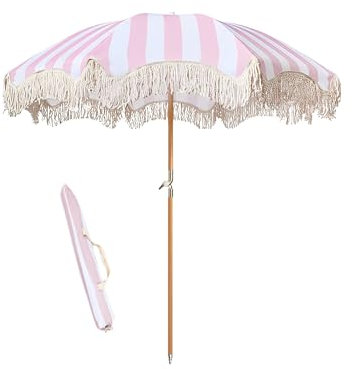 ELZEM 180cm Gartenschirm Groß Neigbar Rosa Sonnenschirm Mit Quasten Strandschirm Windfest Stabil Balkonschirm Uv Schutz Terrassenschirm Wasserdicht 8 Rippen Für Balkon Garten & Terrasse/Tragetasche