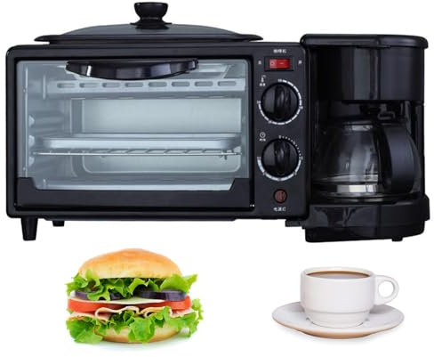 Estación for hacer desayuno 3 en 1, máquina de desayuno multifunción con horno eléctrico tostador de 9 litros, cafetera de 600 ml, sartén antiadherente, sandwichera de huevo, control de temperatura (