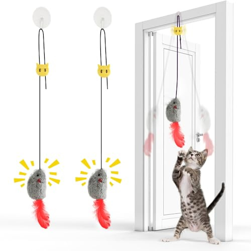 FYNIGO Cat Toys for Indoor Cats Adult & Kitten, Interactive Cat Toy Hanging Mouse with Squeak Sound & Feather Tail, Self Play Kitten Toys for Door, No Battery Boredom Cat Accessories