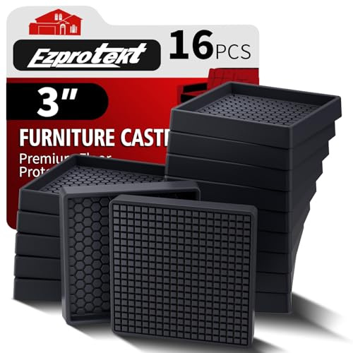 Furniture Coasters - 3x3 Non Slip Furniture Pads for Hardwoods Floors, 16 PCS Round Rubber Non Skid Furniture Caster Cups, Anti Slide Furniture Feet Floor Protectors for Bed Couch Stoppers (Black)