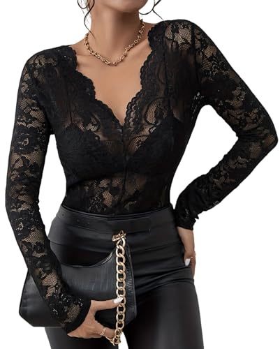 ORANDESIGNE Blouse D'été Femme Manches Longues T Shirt Transparent Tunique en Tulle Haut Sexy Decolleté Dentelle Filet Tshirt Chic Et Elegant Moulant Chemise en Mesh Top Clubwear Noir M