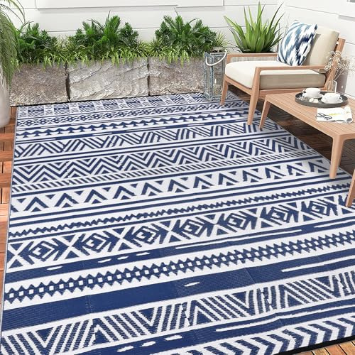 Enyhom d'extérieur réversible 270 x 360 cm, Bleu en Plastique Durable, Grand Tapis de Sol et Tapis en Paille tissée, Tapis de terrasse, de Camping pour Camping-Car