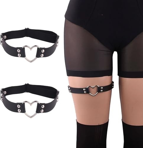 LIUHUIZEYU 2Pcs Adjustable Heart Leg Garter Belt, Punk Gothic Garter for Cosplay, Spike Party Black