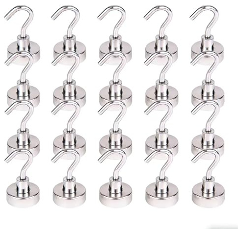 SZAXCCOM 20-pack starka magnetiska krokar kraftiga 30 kg + magneter med krok för kryssningsstuga kök kylskåp klassrum kontor camping silver 20 mm