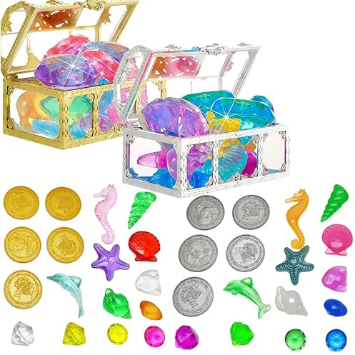 DiiWmme 36pcs Colorful Diving Gem Pool Toys with Pirate Treasure Chest ，Kids Underwater Swimming Toys, Treasure Hunt Game (Random Colors 30-40mm)