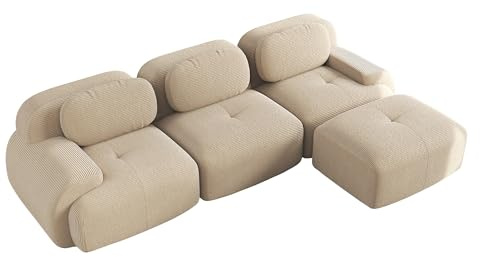 HAINEW Modern 3-sits soffa i cordtyg med 1 ottoman, L-form Boneless mjuka soff med svängda armstöd och halkfria undersida, DIY fritt splejsning (Beige, 3 sittplatser + 1)