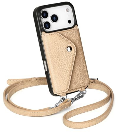 LUCKYCOIN Crossbody Phone Case for iPhone 17 Pro,100% Genuine Leather Phone Wallet Case for Women, Premium Hands-Free Phone Purse with Expandable Flip Card Holder & Adjustable Strap - Pebble Beige
