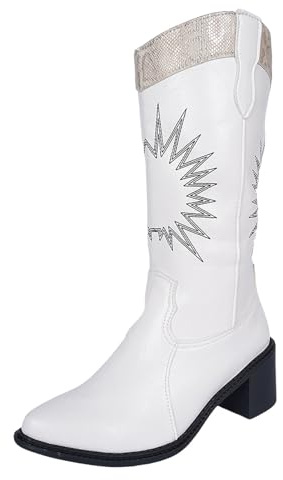 Generiska breda vadstövlar för kvinnor plus storlek, damer Mid-Calf vinterstövlar, enfärgad blockklack damstövlar halkfria broderade läderstövletter, Beige, 38 EU