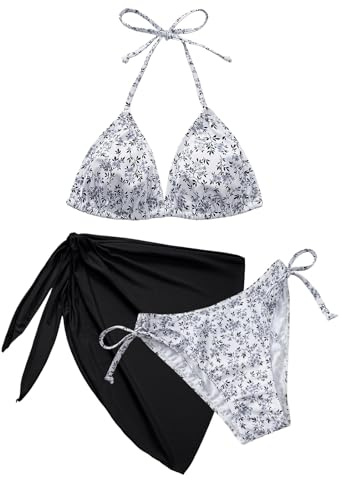 Vijamiy Bikini Mujer Traje de Baño 3 Piezas Bañadores Reductor Barriga Triángulo Bikinis Top Cuello En V Push Up con Falda Conjunto de Bañador(Negro y Blanco,M)