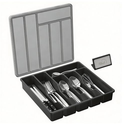 Ribech Portaposate con Coperchio – Organizzatore a Scomparti per Coltelli, Forchette, Cucchiai, Plastica per Cassetto Cucina e Piano Lavoro