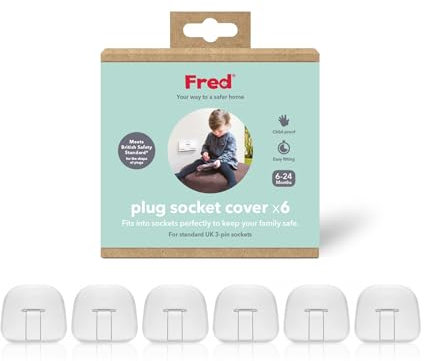 Fred Home Safety Plug Socket Covers | UK 3 Pin Plug Baby Proofing Covers | Includes 6 Safety Standard Approved Protectors | Pure White