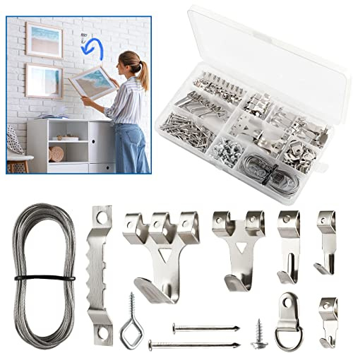 DazSpirit 250 Pièces Argent Crochet Tableau, Crochet pour Cadre Photo, Crochet Cadre, Kit de Suspension de Tableaux avec Clous, Vis, Anneau en D et œil à Vis, cintres en Dent de Scie, câble d'acier