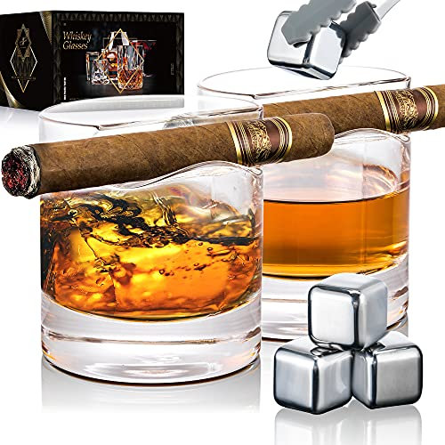 NEW PACIFIC YOUYAH Zigarren Whiskygläser mit Zigarrenablage, 2er-Set mit 4 Eiswürfeln und Eiszange, Kristall-Whisky-Glas mit Zigarrenhalter, Geschenke für Männer (300ml)