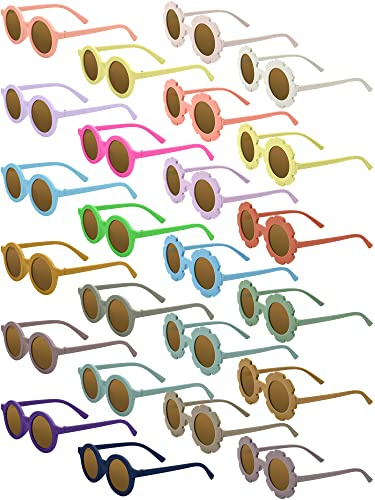 Dunzy 24 Pairs Kids Flower Sunglasses Retro Round Sunglasses Bright Color