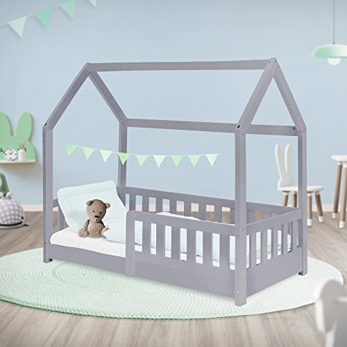 ML-Design Kinderbett 70x140 cm mit Rausfallschutz, Dach und Lattenrost, Hellgrau, Kinder Bett, Hausbett für Mädchen/Jungen, Bettenhaus aus massivem Kiefernholz, Bodenbett Jugendbett Kinderhaus