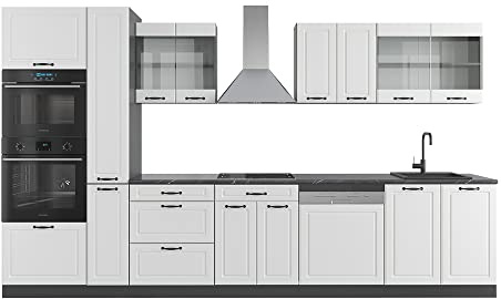 Vicco Küchenzeile R-Line, Weiß Landhaus/Anthrazit, 350 cm mit Hochschrank, ohne Arbeitsplatte, zur flexiblen Erweiterung durch zusätzliche Module geeignet