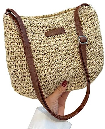 Jorzer Summer Straw Bag Female Straw Beach Bag Fashion Braided Single Shoulder Bag Straw Cross Body Bag All-match Beach Bag Beige Straw Handbags for Women