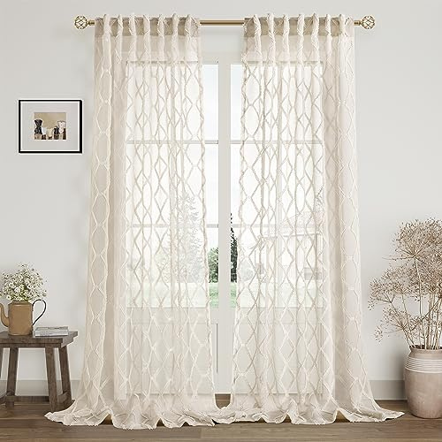 Beige Sheer Curtains 84 Inches Long for Living Room Rod Pocket Back Tab Sand Taupe Tan Semi Sheer Curtain Geometric Embroidered Tuft Pom Textured Drapes Earth Tone Farmhouse Rustic Bedroom Nursery