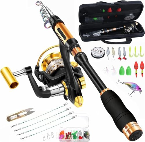 BNTTEAM Télescopique Ensemble de Canne à pêche Portable et Moulinet en Fibre de Carbone Pointe,Kits de Sac de Transport de Ligne de leurres de pêche
