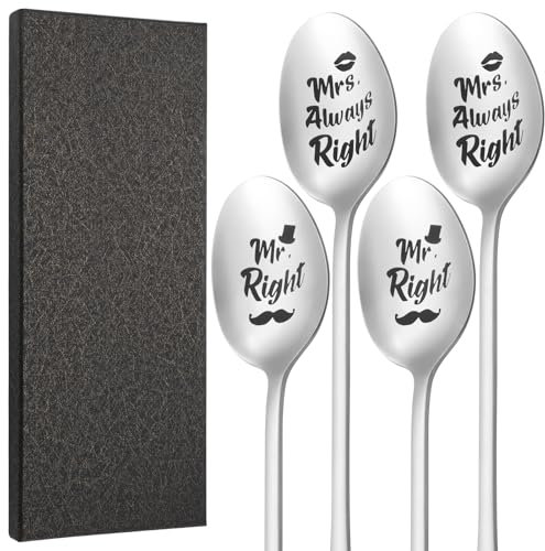 Huiguli 4 Pezzi Cucchiai da Caffè Incisi, Mr Right & Mrs Always Right, Cucchiai da Caffè in Acciaio Inossidabile con Scatola, 20 cm Cucchiaio da Gelato con Coppia Sposi Regali