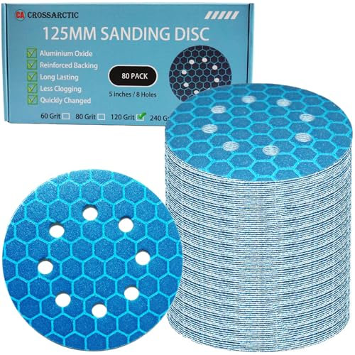 Crossarctic 125mm Sanding Discs Hook and Loop Sanding Disc 80 Pack, Anti-Clogging Orbital Sander Sandpaper 120 Grit, 8 Holes Aluminum Oxide Sandpaper