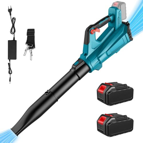 Souffleur de Feuilles sans Fil 21 V, Souffleur Batterie avec Deux Batteries 3.0Ah et Bretelles, Vitesse Maximale 225km/h, Charge Rapide, Souffleur de Feuilles pour Nettoyer Jardins, Allées