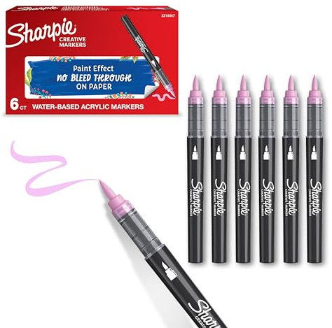 Sharpie Creative Marker Acrylic Paint Pens | Brush Tip Water-Based Paint Markers | Rose Pink | No-Bleed Ink Writes on Most Surfaces | Crafting & Art Supplies | 6 Count