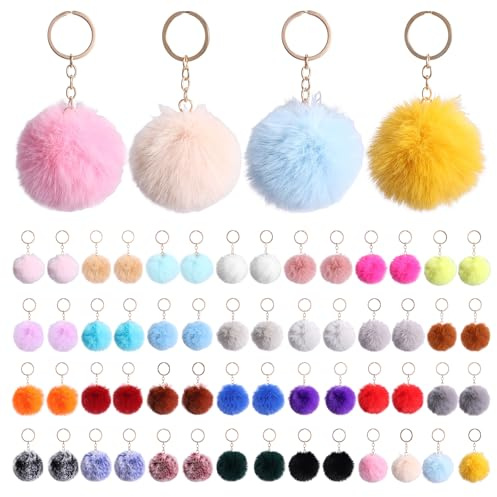 BUTORY 60 Pcs Pom Pom Keychain Bulk Pompom Key chains Fluffy Soft Mini Pompom keychain Puff Ball keychains for Girls Women Hats Shoes Bags Accessories Multicoloured