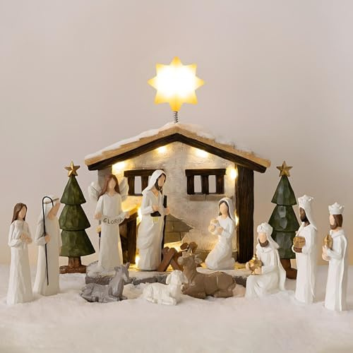 Nativity Set Indoor – 15 Pieces Christmas Nativity Scene Set with Manger, LED Star, Angel with Gloria Banner, Wooden Style Nativity Sets & Figures for Kids and Family Holiday Christmas Décor