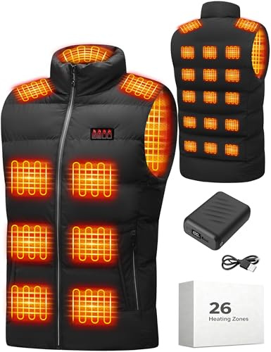 Diraeen Heated Vest for Men, 26-Zone Heating Jacket with 20000mAh Power Bank, 3-Temp Control, Machine Washable, for Outdoor, Hiking, Work, Black, XL