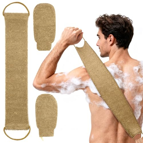 LOPHE Ensemble de Gommage Dorsal en Jute Comprenant Des Gants Exfoliants, Serviette Exfoliante Extra Longue, Sangle Exfoliante Naturelle pour le Dos, Gants de Bain pour Hommes et Femmes