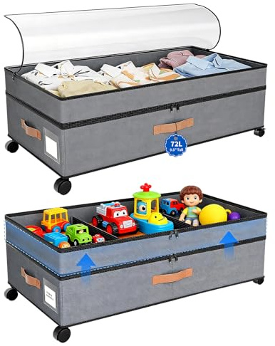 ANTREATU Confezione da 2 cassetti sotto il letto su ruote, 72 l, regolabili da 20 a 24 cm, con coperchio ed etichetta per vestiti, scarpe, coperte e giocattoli (grigio)