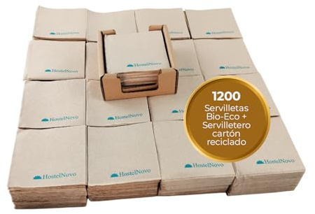Pack de 1200 Servilletas Cocktail de Papel 100% Reciclables y Bio+ Servilletero de Cartón Reciclado - Servilletas Eco 10 x 10 cm - Hostelnovo (1200 BIO ECO + SERVILLETERO)
