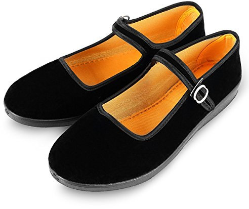 Women's Velvet Mary Jane Shoes Black Cottton Old Beijing Cloth Flats Yoga Exercise Dance Shoes (5.5 UK),Please go up one or Two Sizes When Ordering