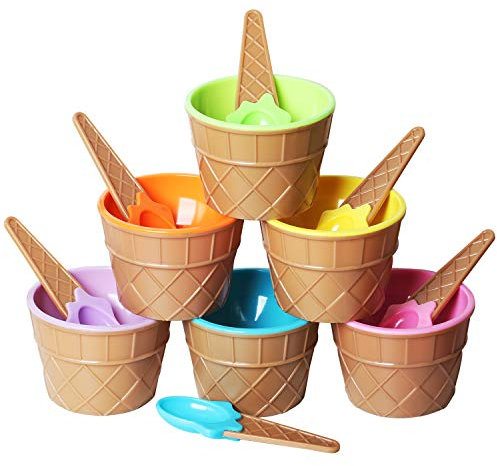 TRIXES Set mit 6 Eisschalen und passenden Löffeln – Kunststoff – Verschiedene niedliche Farben – Waffeldesign