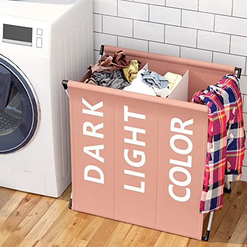 BAKAJI Cesto Porta Biancheria Sporca Portabiancheria 3 Scomparti Struttura in Metallo Pieghevole e Sacco in Tessuto Decorazione Sritta Contenitore Salvaspazio con Coperchio 64 x 38 x 62 cm (Taupe)