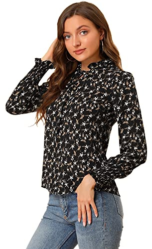 Allegra K Chemisier Fleuri Vintage à col à Volants et à Cravate pour Femmes Noir M