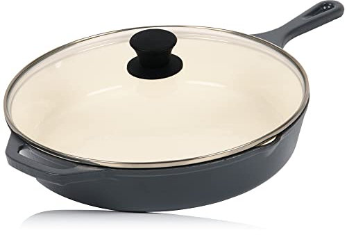 Mahlzeit Gusseisenpfanne mit Deckel emailliert | Ø 29,5 cm | Blue Berry | Bratpfanne mit zwei Ausgießern | Grillpfanne Deckel, Universalpfanne, Gusspfanne, Bratpfanne mit Deckel, Hoher Rand, Pfannen