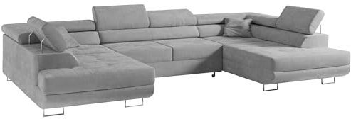 MKS MEBLE Sofa Grau Wohnzimmer - Wohnlandschaft - U-Form Couch mit Schlaffunktion - Schlafsofa mit Bettkasten - Wohnzimmer U Couch - Polstersofa mit Bettkasten - Gustaw U Hellgrau Monolith