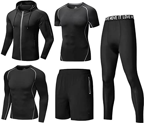 Tancefair 5 st fitness träningskläder för män löpning kompressionsbyxor kort/långärmad skjorta topp jacka set kostym, Svart B, XL