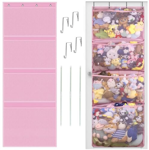 Stuffed Animal Storage, with 3 Large Pockets and 2 Medium Pockets, Over The Door Organizer Storage for Closet, Baby, Plush Toy, Hanging Door Organizer for Nursery, Bedroom, Bathroom, Kids Room (Pink)