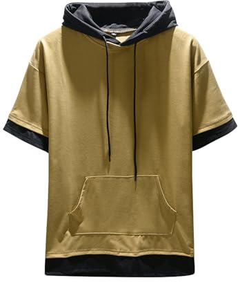 Covisoty Sweat Manche Courtes Hoodie Cotton T-Shirts à Capuche Eté Couleurs Contrastées Sweatshirt à Poche Kaki L