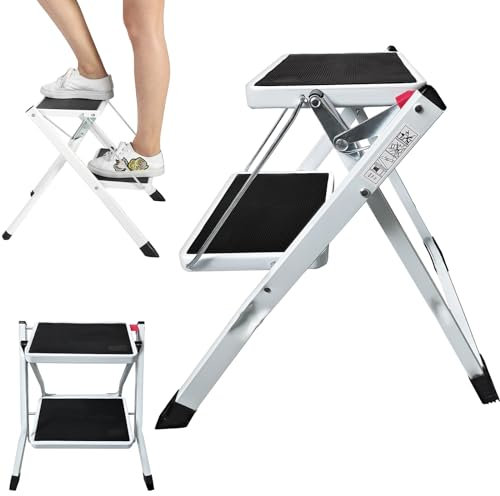 2 Step Stool for Adults, Collapsible Step Stool Folding Step Ladder, Lightweight Strong 2 Step Folding Stool Double Steel Caravan Steps with Non-Slip Large Tread & Feet, Kitchen Small Step Ladders