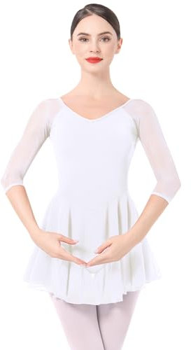 IMEKIS Ballettkleidung Damen Ballett Tanzkleid 3/4 ?rmel Ballettanzug Gymnastik Tanztrikot mit Chiffon Rock Ballettkleid Ballerina Tanzkleidung Wei? S