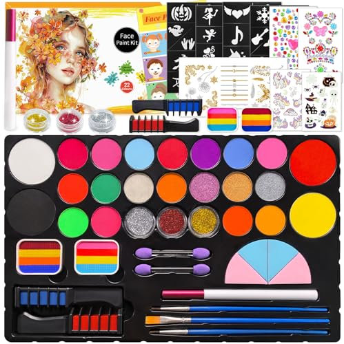 Mekkyes Truccabimbi Kit - 22 Colori Trucco Viso Bambini con 4 Colori Grandi e Adesivo per Tatuaggi, Truccabimbi kit Anallergici Atossici Body Painting per Halloween Carnevale Cosplay Natale