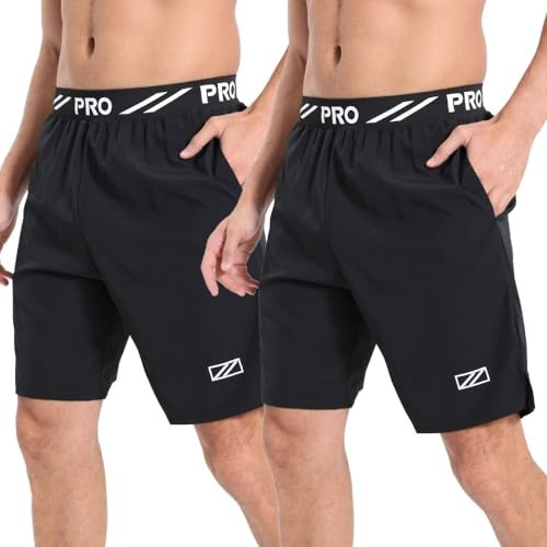 Bsrpolry 2-pack löparshorts för män gym träningsshorts träningsshorts lätta snabbtorkande andningsbara sportshorts atletiska fickor med dragkedja, #100-dblack, XL