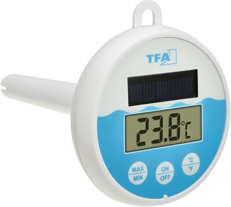 TFA Dostmann Termometro digitale da piscina con energia solare, 30.1068, galleggiante in acqua, adatto per piscina/stagno/vasca idromassaggio, facile da leggere, con cavo di fissaggio (1 m), blu