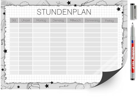 younikat Stundenplan magnetisch im schwarz/weiß Design I DIN A4 I zum Schulanfang I abwischbar I wiederbeschreibbar I Geschenk Einschulung I dv1452