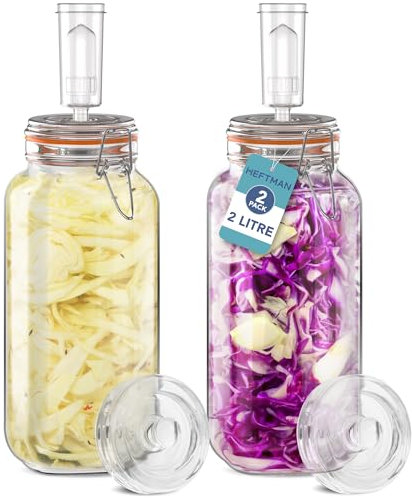 HEFTMAN Gärglas mit Luftschleuse, 2 l für sichere Gärung für Kefir, Kimchi, Sauerkraut, Sauerkraut, Sauerteig-Starter, Silikondeckel und Gärgewichte, Gärgläser, 2 Stück (komplettes Set)