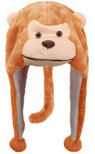 Naichuo Plush Animal Hat with Ear Flaps, Cozy Novelty Party Cap for for Kids Teens Adults Halloween Christmas(Monkey)